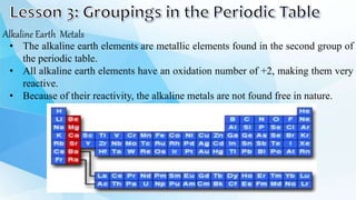 Alkaline Earth Metals
• The alkaline earth elements are metallic elements found in the second group of
the periodic table.
• All alkaline earth elements have an oxidation number of +2, making them very
reactive.
• Because of their reactivity, the alkaline metals are not found free in nature.
 