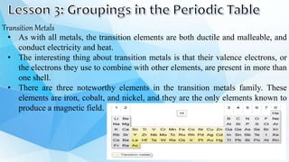 Transition Metals
• As with all metals, the transition elements are both ductile and malleable, and
conduct electricity and heat.
• The interesting thing about transition metals is that their valence electrons, or
the electrons they use to combine with other elements, are present in more than
one shell.
• There are three noteworthy elements in the transition metals family. These
elements are iron, cobalt, and nickel, and they are the only elements known to
produce a magnetic field.
 