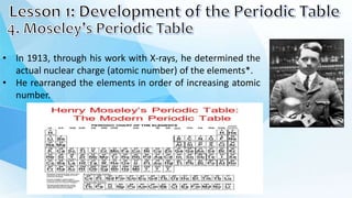 • In 1913, through his work with X-rays, he determined the
actual nuclear charge (atomic number) of the elements*.
• He rearranged the elements in order of increasing atomic
number.
 