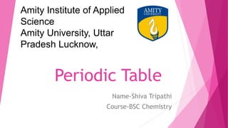 Periodic Table
Name-Shiva Tripathi
Course-BSC Chemistry
Amity Institute of Applied
Science
Amity University, Uttar
Pradesh Lucknow,
 