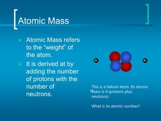 Atomic Mass
 Atomic Mass refers
to the “weight” of
the atom.
 It is derived at by
adding the number
of protons with the
number of
neutrons.
H
This is a helium atom. Its atomic
mass is 4 (protons plus
neutrons).
What is its atomic number?
 