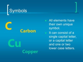 Symbols
 All elements have
their own unique
symbol.
 It can consist of a
single capital letter,
or a capital letter
and one or two
lower case letters.
C Carbon
Cu
Copper
 