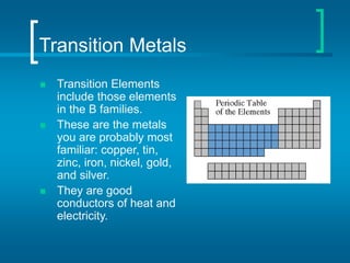 Transition Metals
 Transition Elements
include those elements
in the B families.
 These are the metals
you are probably most
familiar: copper, tin,
zinc, iron, nickel, gold,
and silver.
 They are good
conductors of heat and
electricity.
 