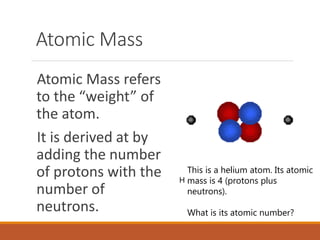 Atomic Mass
Atomic Mass refers
to the “weight” of
the atom.
It is derived at by
adding the number
of protons with the
number of
neutrons.
H
This is a helium atom. Its atomic
mass is 4 (protons plus
neutrons).
What is its atomic number?
 
