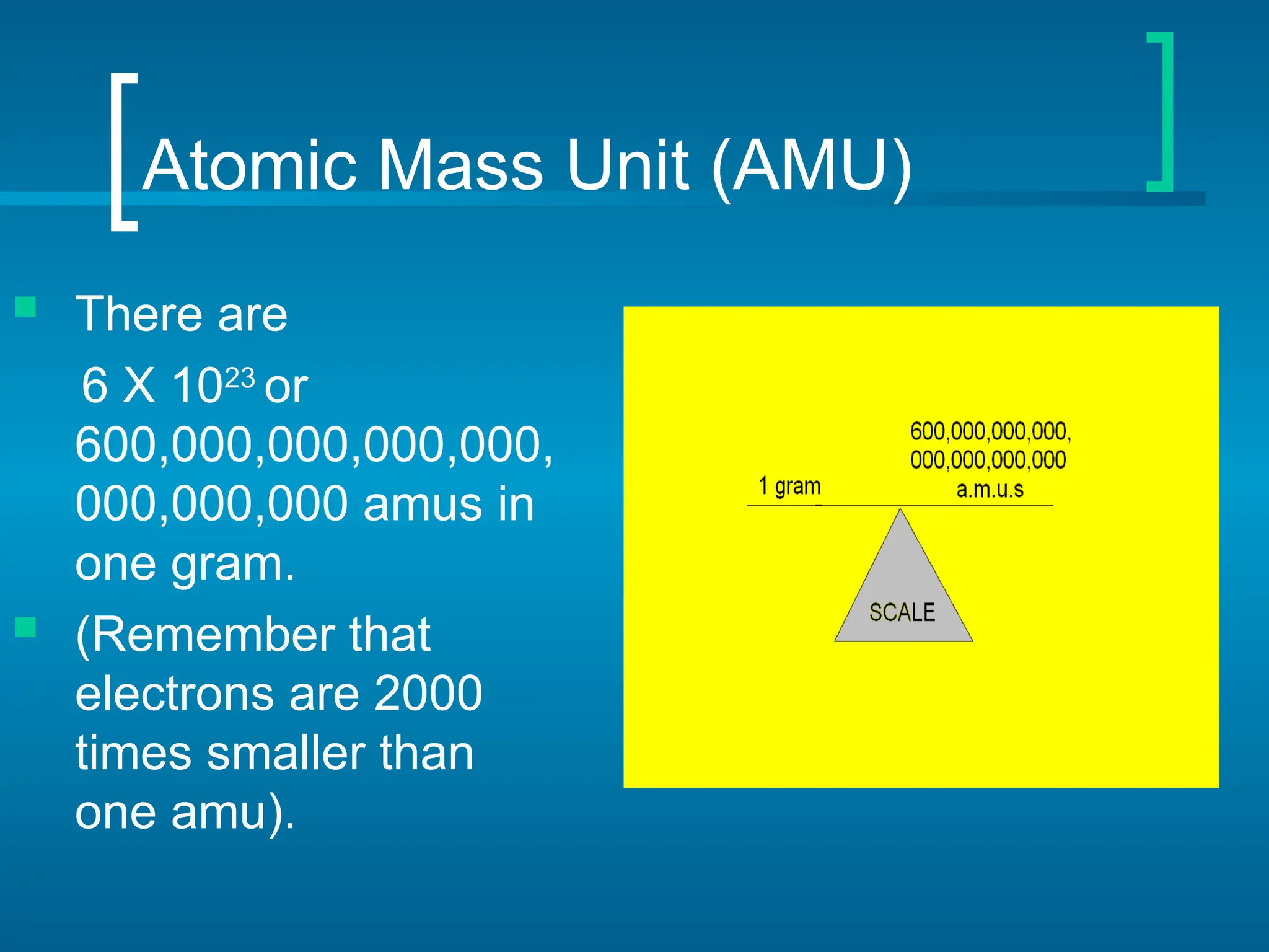 Atomic Mass Unit (AMU)
 There are
6 X 1023
or
600,000,000,000,000,
000,000,000 amus in
one gram.
 (Remember that
electrons are 2000
times smaller than
one amu).
 