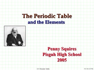 The Periodic Table
  and the Elements




              Penny Squires
            Pisgah High School
                   2005
     3.3 Periodic Table          9.17.00 1:37 PM
 
