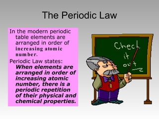 The Periodic Law In the modern periodic table elements are arranged in order of  increasing atomic number. Periodic Law states:  When elements are arranged in order of increasing atomic number, there is a periodic repetition of their physical and chemical properties. 