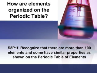 How are elements
organized on the
Periodic Table?
S8P1f. Recognize that there are more than 100
elements and some have similar properties as
shown on the Periodic Table of Elements
 