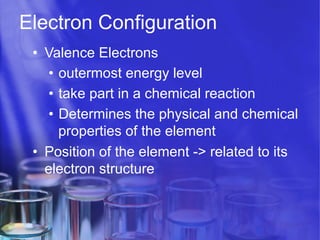 Electron Configuration
•  Valence Electrons
•  outermost energy level
•  take part in a chemical reaction
•  Determines the physical and chemical
properties of the element
•  Position of the element -> related to its
electron structure

 