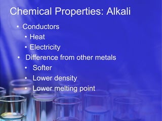 Chemical Properties: Alkali
•  Conductors
•  Heat
•  Electricity
•  Difference from other metals
•  Softer
•  Lower density
•  Lower melting point

 