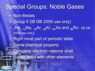 Special Groups: Noble Gases
•  Non-Metals
•  Group 0 (IB DB 2009 use only)
•  2He, 10Ne, 18Ar, 36Kr, 54Xe and 86Rn
2009 use only)
•  Right most part of periodic table
•  Same chemical property
•  Complete electron valence shell
•  Rarely react with other elements
•  Stable

(IB DB

 