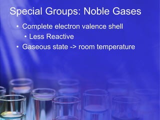 Special Groups: Noble Gases
•  Complete electron valence shell
•  Less Reactive
•  Gaseous state -> room temperature

 