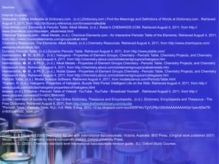 Sources :
Internet Sources:
Malleable | Define Malleable at Dictionary.com . (n.d.).Dictionary.com | Find the Meanings and Definitions of Words at Dictionary.com . Retrieved
August 4, 2011, from http://dictionary.reference.com/browse/malleable
Chem4Kids.com: Elements & Periodic Table: Alkali Metals. (n.d.). Rader's CHEM4KIDS.COM. Retrieved August 4, 2011, from http://
www.chem4kids.com/files/elem_alkalimetal.html
Chemical Elements.com - Alkali Metals. (n.d.). Chemical Elements.com - An Interactive Periodic Table of the Elements. Retrieved August 4, 2011,
from http://www.chemicalelements.com/groups/alkali.html
Chemistry Resources: The Elements: Alkali Metals. (n.d.).Chemistry Resources. Retrieved August 4, 2011, from http://www.chemtopics.com/
elements/alkali/alkali.htm
Dynamic Periodic Table. (n.d.).Dynamic Periodic Table. Retrieved August 4, 2011, from http://www.ptable.com/
Helmenstine, �. M., & Ph.D.. (n.d.). Halogens - Properties of Element Groups. Chemistry - Periodic Table, Chemistry Projects, and Chemistry
Homework Help. Retrieved August 4, 2011, from http://chemistry.about.com/od/elementgroups/a/halogens.htm
Helmenstine, �. M., & Ph.D.. (n.d.). Alkali Metals - Properties of Element Groups.Chemistry - Periodic Table, Chemistry Projects, and Chemistry
Homework Help. Retrieved August 4, 2011, from http://chemistry.about.com/od/elementgroups/a/alkalimetals.htm
Helmenstine, �. M., & Ph.D.. (n.d.). Noble Gases - Properties of Element Groups.Chemistry - Periodic Table, Chemistry Projects, and Chemistry
Homework Help. Retrieved August 4, 2011, from http://chemistry.about.com/od/elementgroups/a/noblegases.htm
Periodic Table. (n.d.). Model Science Software. Retrieved August 4, 2011, from modelscience.com/PeriodicTable.html
Thadani, R. (n.d.). Halogens: Properties of Halogens. Buzzle Web Portal: Intelligent Life on the Web. Retrieved August 4, 2011, from http://
www.buzzle.com/articles/halogens-properties-of-halogens.html
bbawor. (n.d.). ‪‫‏‬Chlorine - Periodic Table of Videos‬ - YouTube . YouTube - Broadcast Yourself. . Retrieved August 4, 2011, from http://
www.youtube.com/watch?v=BXCfBl4rmh0
ductile - definition of ductile by the Free Online Dictionary, Thesaurus and Encyclopedia.. (n.d.). Dictionary, Encyclopedia and Thesaurus - The
Free Dictionary. Retrieved August 4, 2011, from http://www.thefreedictionary.com/ductile
"Periodic Table." Periodic Table. N.p., n.d. Web. 5 Aug. 2011. <2.bp.blogspot.com/-siucfd55FWc/TgVCP6o1DtI/AAAAAAAAAGs/1pwv92teTfI/
s1600/periodic_table.gif>.

Print Sources:
Green, J., & Damji, S. (2008).Chemistry: for use with International Baccalaureate. Victoria, Australia: IBID Press. (Original work published 2007)
Neuss, G. (2010). Chemistry: course companion. Oxford: Oxford University Press.
Lumsden, C. (2002). Chemistry standard level international baccalaureate revision guide . S.l.: Oxford Study Courses.

 