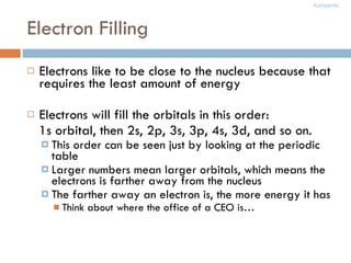 Electron Filling Electrons like to be close to the nucleus because that requires the least amount of energy Electrons will fill the orbitals in this order: 1s orbital, then 2s, 2p, 3s, 3p, 4s, 3d, and so on. This order can be seen just by looking at the periodic table Larger numbers mean larger orbitals, which means the electrons is farther away from the nucleus The farther away an electron is, the more energy it has Think about where the office of a CEO is… 