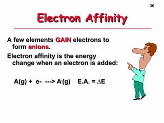 36
Electron AffinityElectron Affinity
A few elementsA few elements GAINGAIN electrons toelectrons to
formform anionsanions..
Electron affinity is the energyElectron affinity is the energy
change when an electron is added:change when an electron is added:
A(g) + e- ---> AA(g) + e- ---> A--
(g) E.A. = ∆E(g) E.A. = ∆E
 