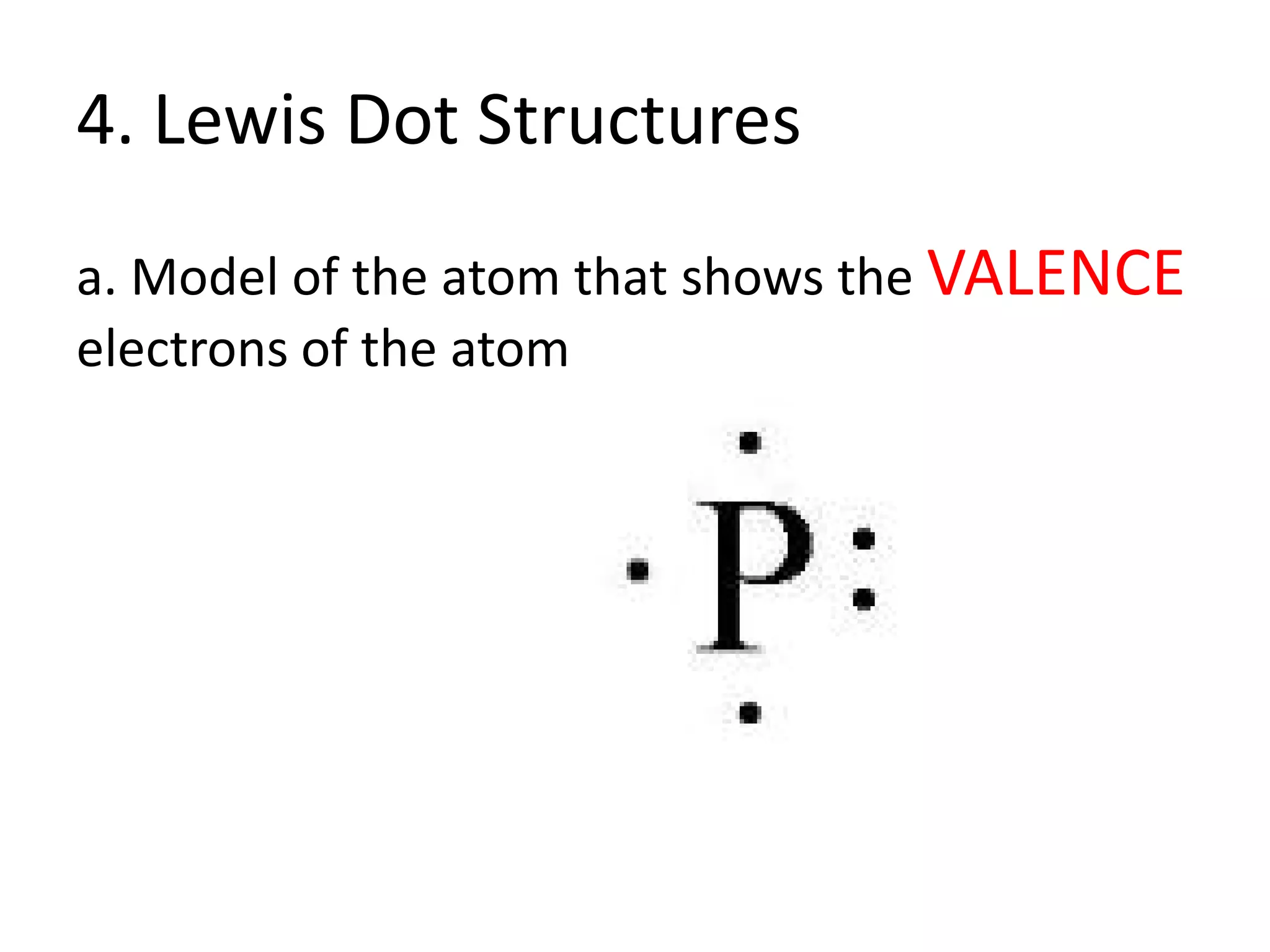 4. Lewis Dot Structuresa. Model of the atom that shows the VALENCE electrons of the atom