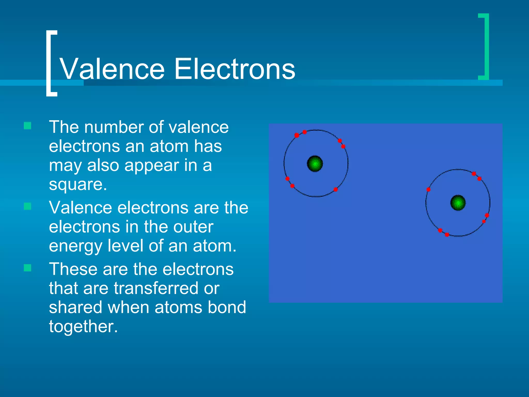 Valence Electrons
   The number of valence
    electrons an atom has
    may also appear in a
    square.
   Valence electrons are the
    electrons in the outer
    energy level of an atom.
   These are the electrons
    that are transferred or
    shared when atoms bond
    together.
 