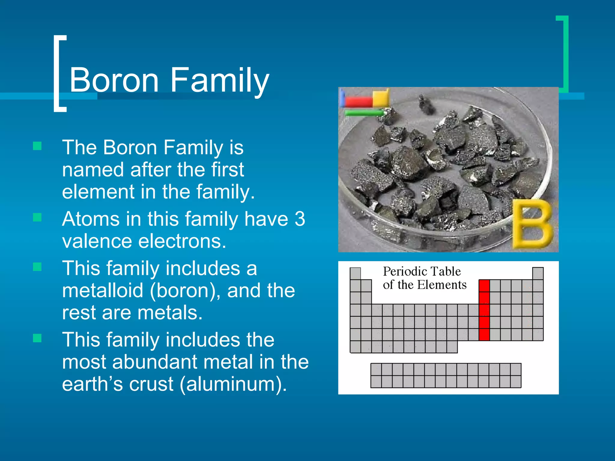 Boron Family
   The Boron Family is
    named after the first
    element in the family.
   Atoms in this family have 3
    valence electrons.
   This family includes a
    metalloid (boron), and the
    rest are metals.
   This family includes the
    most abundant metal in the
    earth’s crust (aluminum).
 