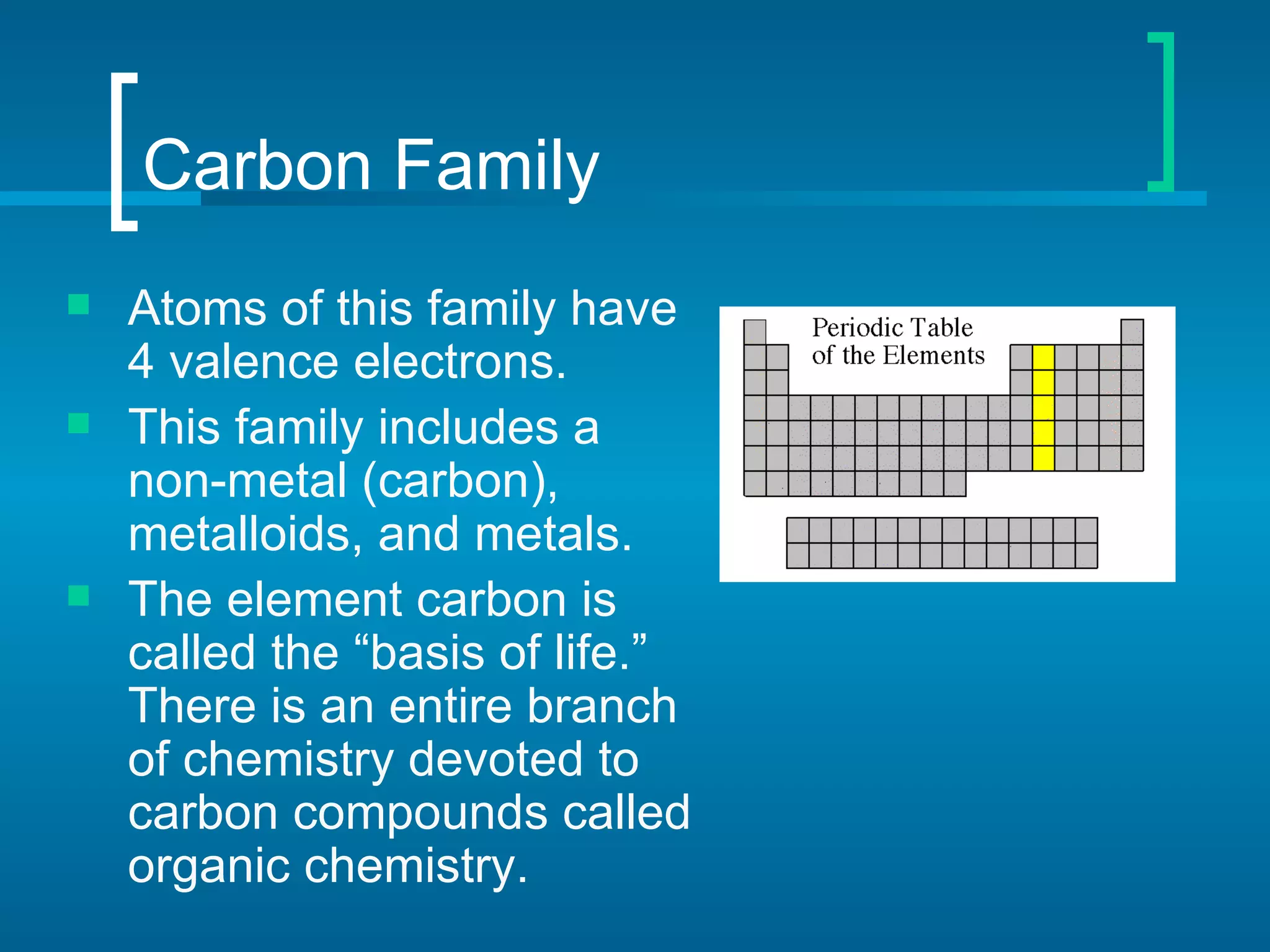 Carbon Family
   Atoms of this family have
    4 valence electrons.
   This family includes a
    non-metal (carbon),
    metalloids, and metals.
   The element carbon is
    called the “basis of life.”
    There is an entire branch
    of chemistry devoted to
    carbon compounds called
    organic chemistry.
 