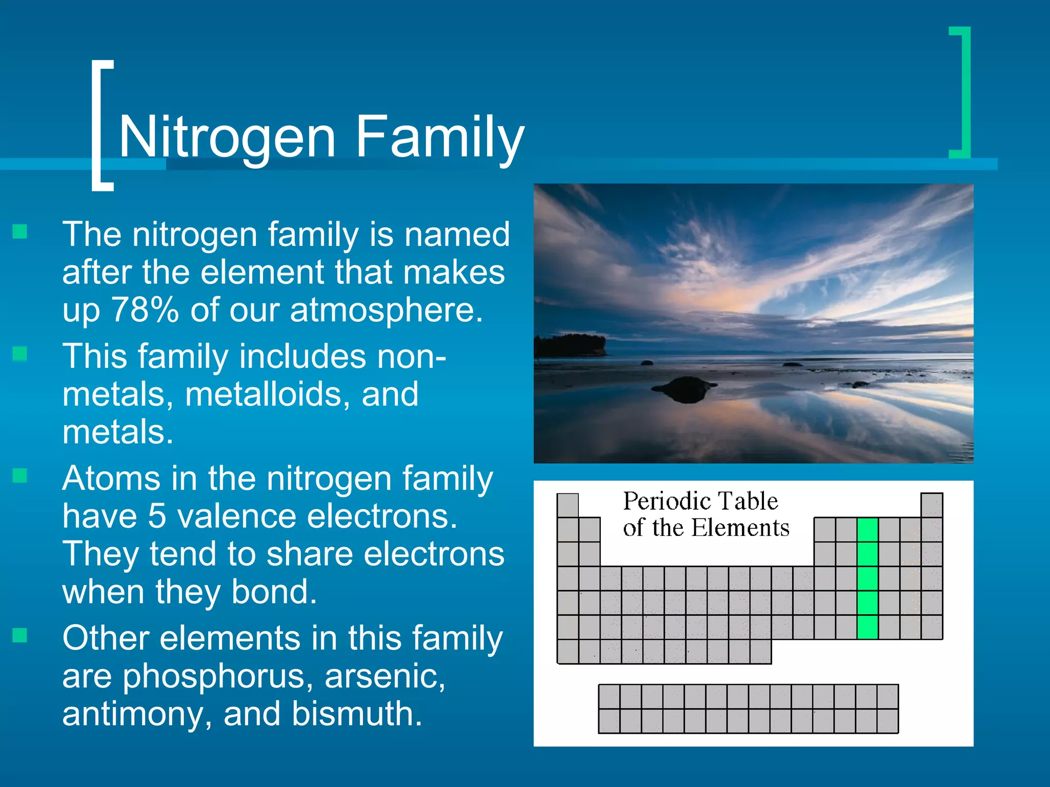 Nitrogen Family
   The nitrogen family is named
    after the element that makes
    up 78% of our atmosphere.
   This family includes non-
    metals, metalloids, and
    metals.
   Atoms in the nitrogen family
    have 5 valence electrons.
    They tend to share electrons
    when they bond.
   Other elements in this family
    are phosphorus, arsenic,
    antimony, and bismuth.
 