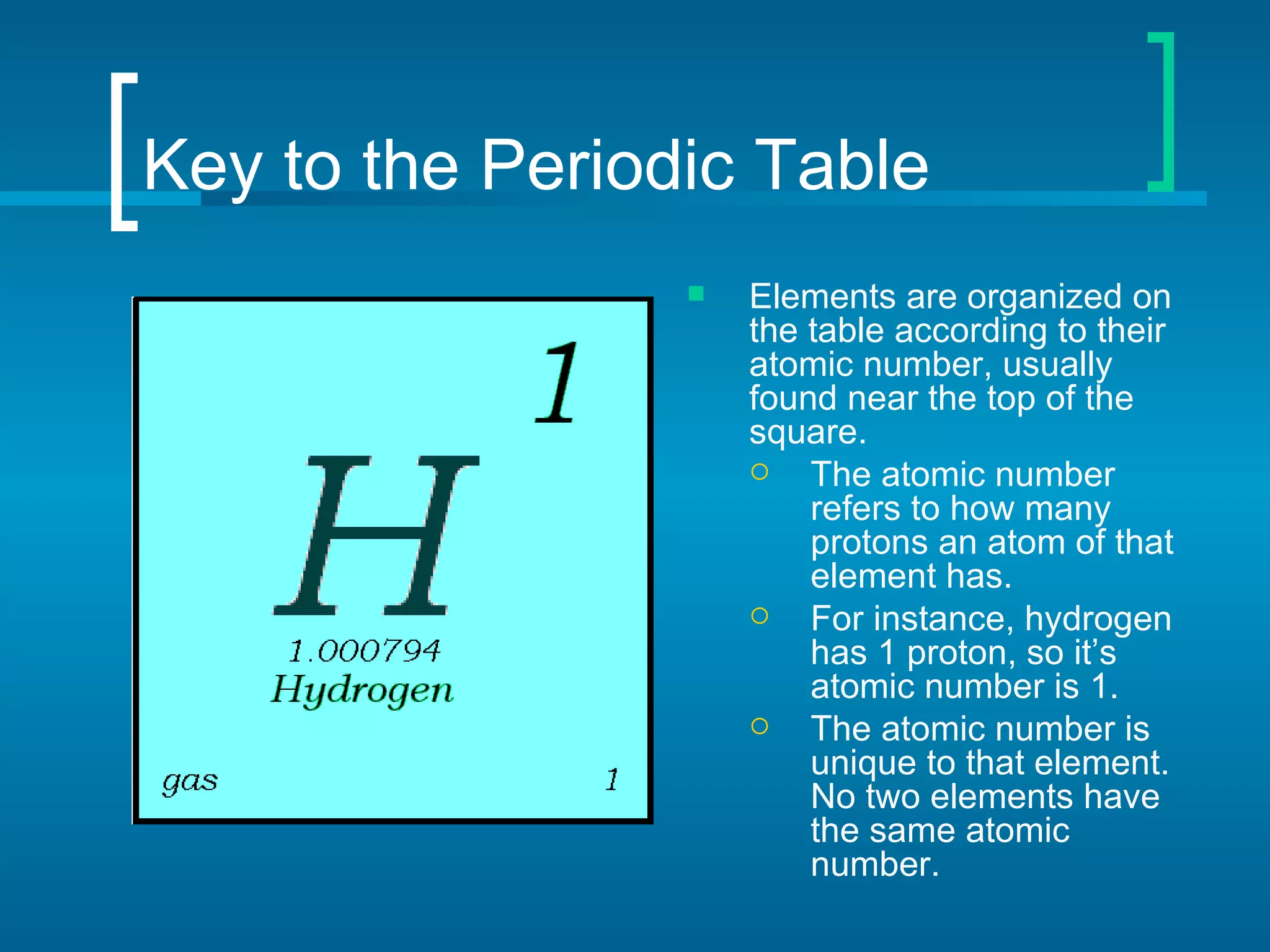 Key to the Periodic Table
                    Elements are organized on
                     the table according to their
                     atomic number, usually
                     found near the top of the
                     square.
                        The atomic number
                         refers to how many
                         protons an atom of that
                         element has.
                        For instance, hydrogen
                         has 1 proton, so it’s
                         atomic number is 1.
                        The atomic number is
                         unique to that element.
                         No two elements have
                         the same atomic
                         number.
 
