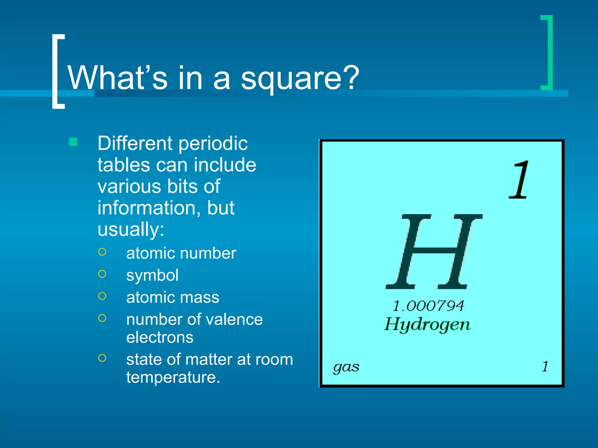 What’s in a square?
   Different periodic
    tables can include
    various bits of
    information, but
    usually:
       atomic number
       symbol
       atomic mass
       number of valence
        electrons
       state of matter at room
        temperature.
 