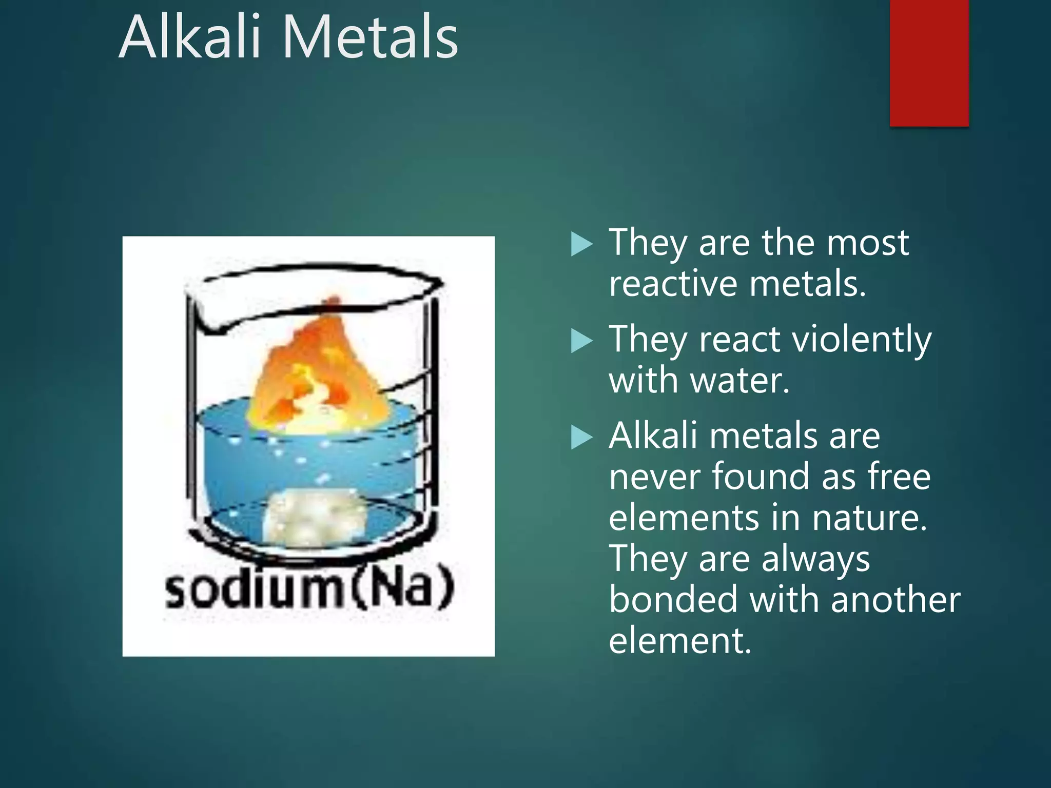 Alkali Metals
 They are the most
reactive metals.
 They react violently
with water.
 Alkali metals are
never found as free
elements in nature.
They are always
bonded with another
element.
 