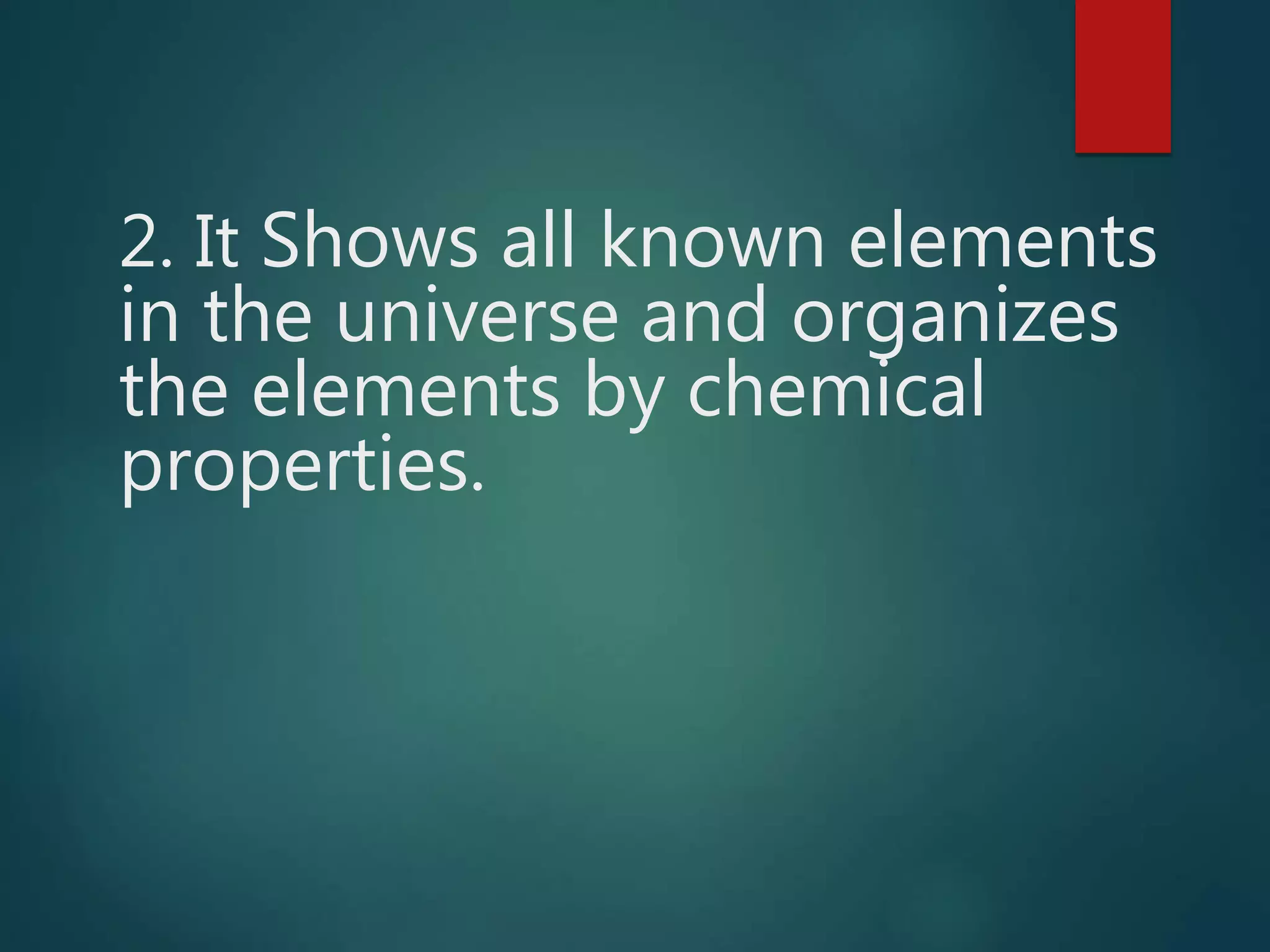2. It Shows all known elements
in the universe and organizes
the elements by chemical
properties.
 