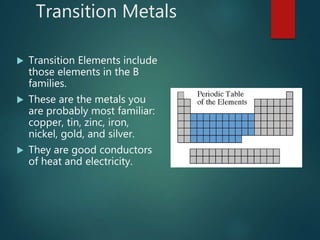 Transition Metals
 Transition Elements include
those elements in the B
families.
 These are the metals you
are probably most familiar:
copper, tin, zinc, iron,
nickel, gold, and silver.
 They are good conductors
of heat and electricity.
 