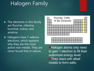 Halogen Family
 The elements in this family
are fluorine, chlorine,
bromine, iodine, and
astatine.
 Halogens have 7 valence
electrons, which explains
why they are the most
active non-metals. They are
never found free in nature.
Halogen atoms only need
to gain 1 electron to fill their
outermost energy level.
They react with alkali
metals to form salts.
 