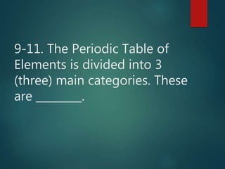 9-11. The Periodic Table of
Elements is divided into 3
(three) main categories. These
are .
 