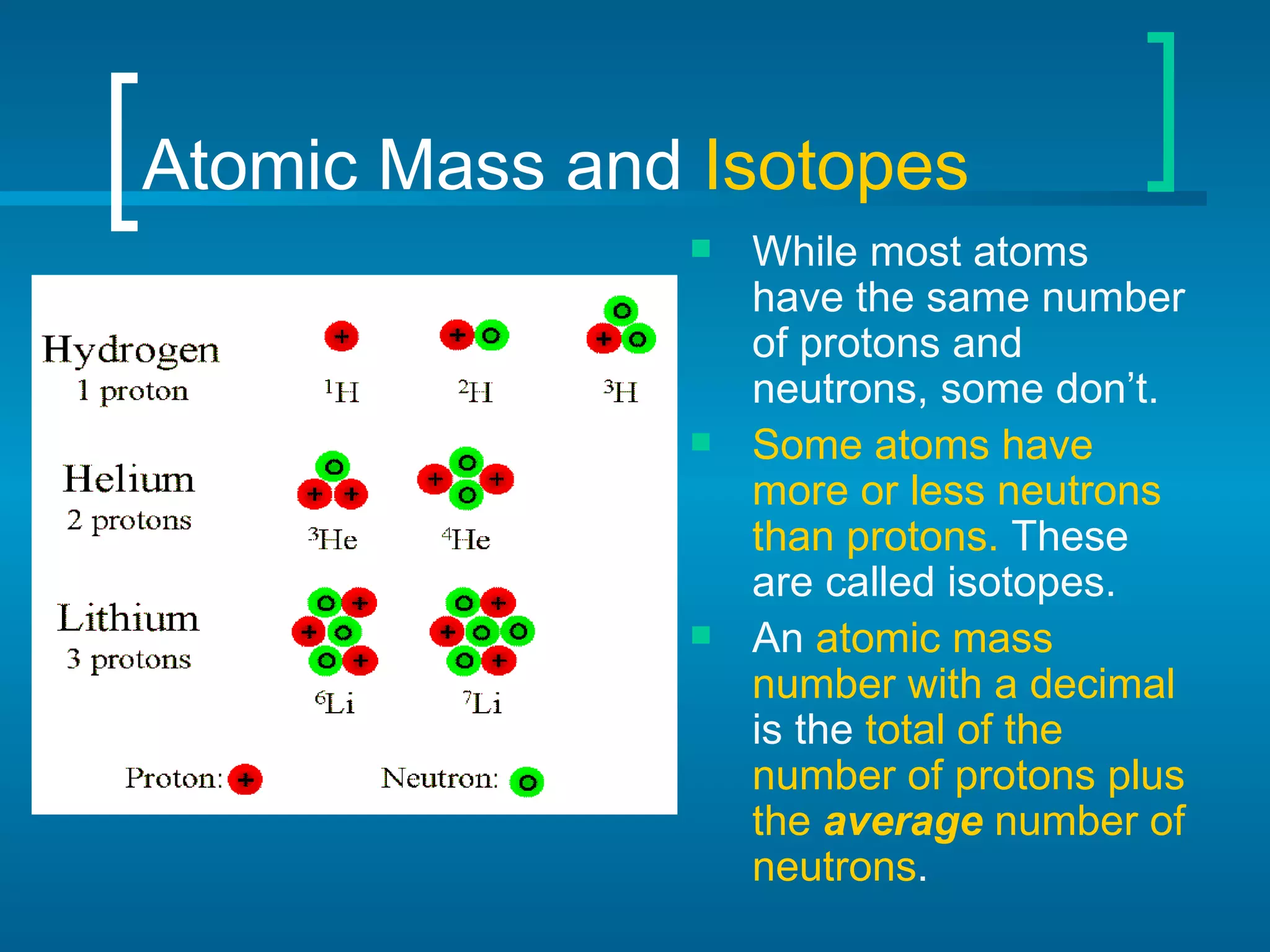 Atomic Mass and  Isotopes While most atoms have the same number of protons and neutrons, some don’t. Some atoms have more or less neutrons than protons.  These are called isotopes.  An  atomic mass number with a decimal  is the  total of the number of protons plus the  average  number of neutrons . 