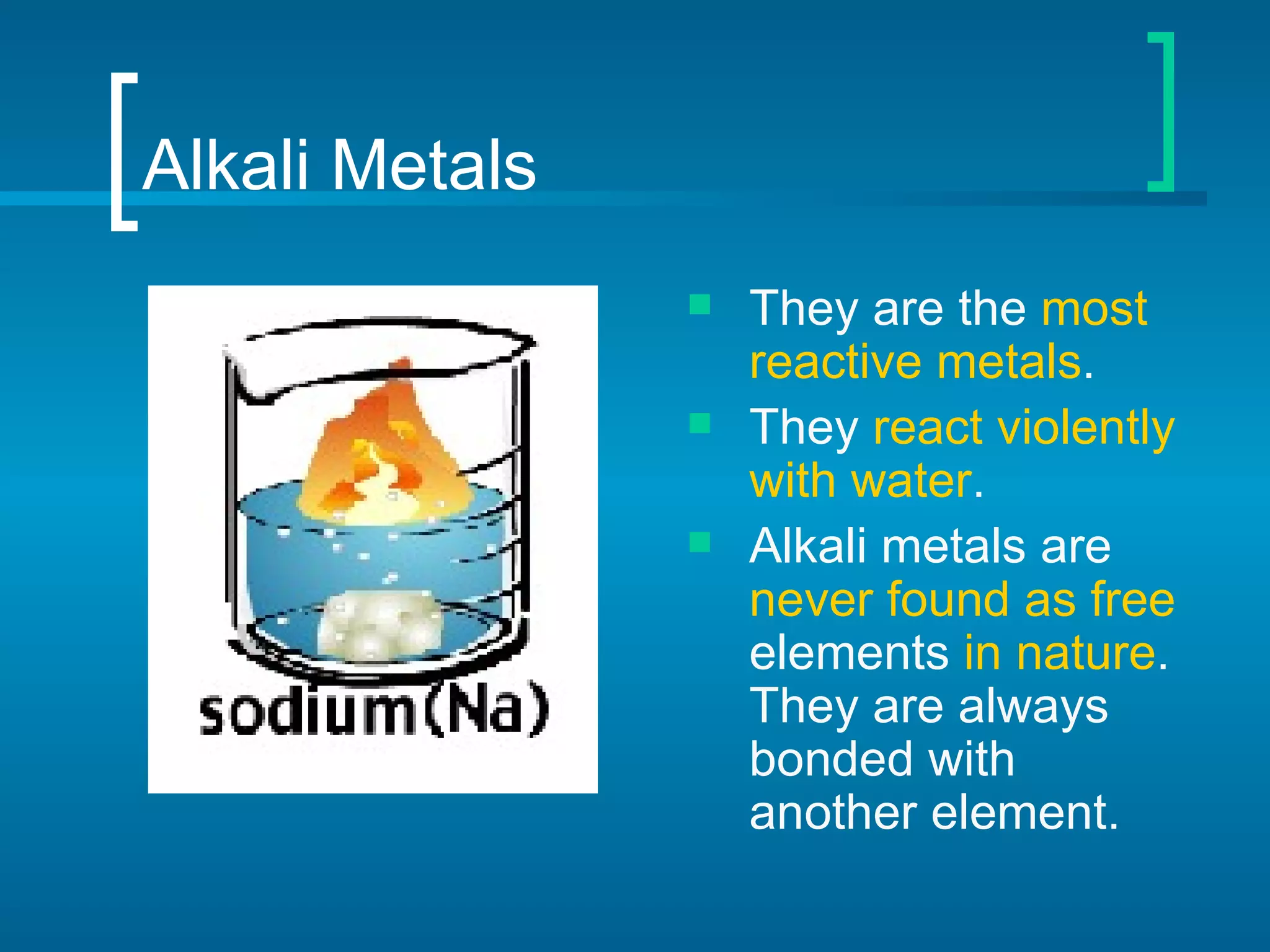 Alkali Metals They are the  most reactive metals . They  react violently with water . Alkali metals are  never found as free  elements  in nature . They are always bonded with another element. 