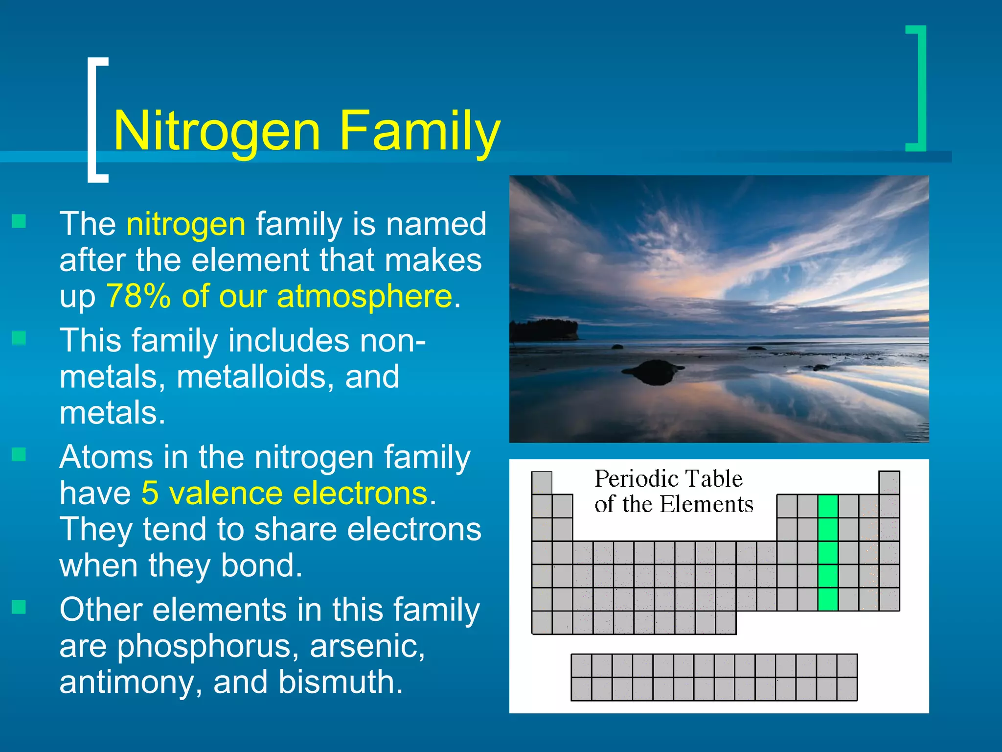 Nitrogen Family The  nitrogen  family is named after the element that makes up  78% of our atmosphere . This family includes non-metals, metalloids, and metals. Atoms in the nitrogen family have  5 valence electrons . They tend to share electrons when they bond. Other elements in this family are phosphorus, arsenic, antimony, and bismuth. 