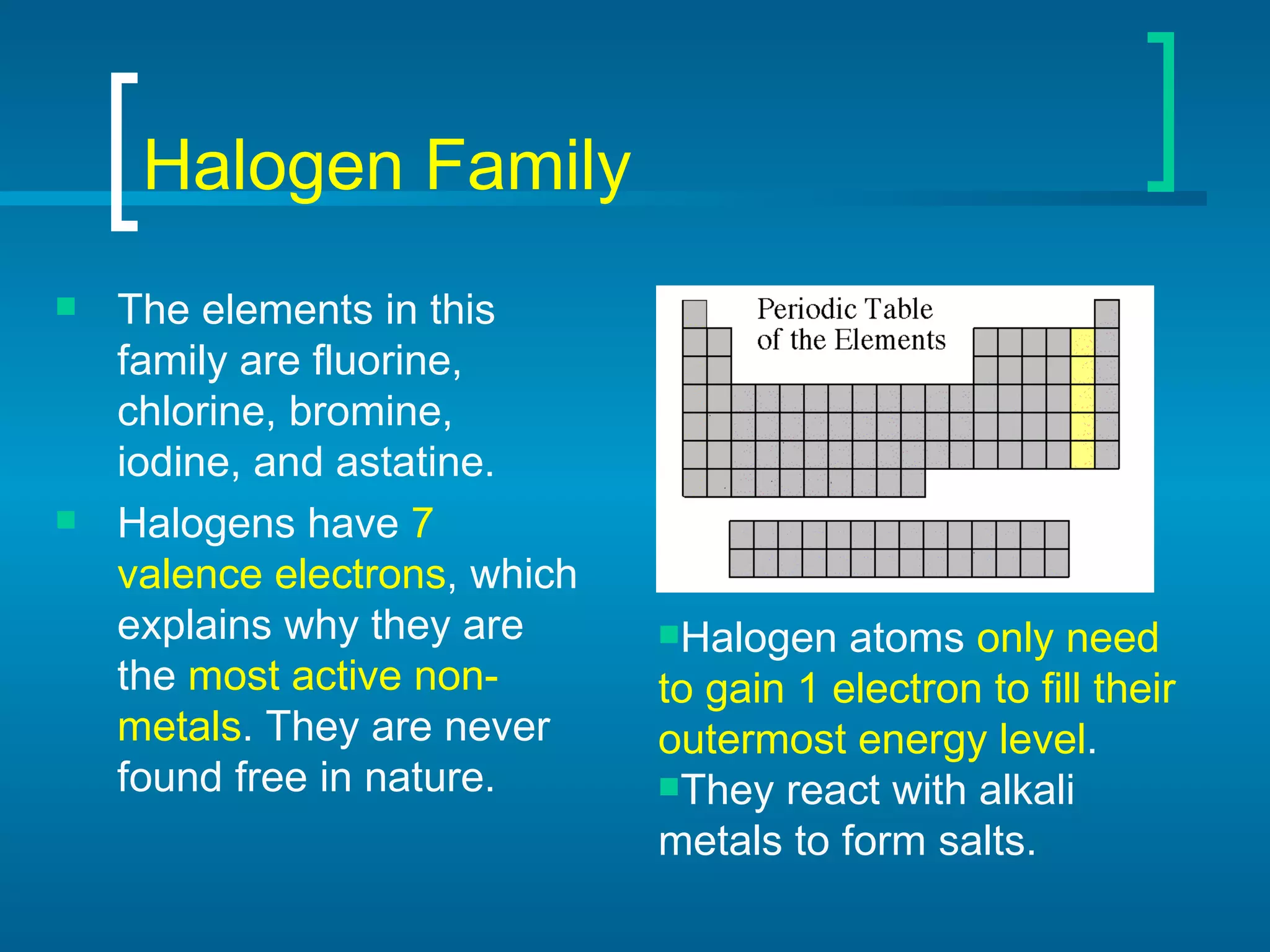 Halogen Family The elements in this family are fluorine, chlorine, bromine, iodine, and astatine. Halogens have  7 valence electrons , which explains why they are the  most active non-metals . They are never found free in nature. Halogen atoms  only need to gain 1 electron to fill their outermost energy level . They react with alkali metals to form salts. 
