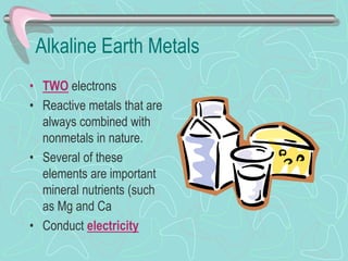 Alkaline Earth Metals
• TWO electrons
• Reactive metals that are
always combined with
nonmetals in nature.
• Several of these
elements are important
mineral nutrients (such
as Mg and Ca
• Conduct electricity
 