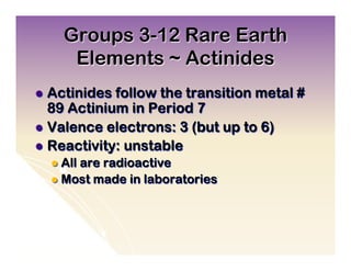 Groups 3-12 Rare Earth
      Elements ~ Actinides
l  Actinides follow the transition metal #
    89 Actinium in Period 7
l  Valence electrons: 3 (but up to 6)
l  Reactivity: unstable
  l  All
        are radioactive
  l  Most made in laboratories
 