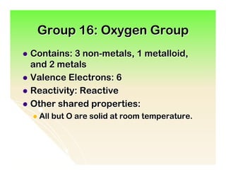 Group 16: Oxygen Group
l  Contains: 3 non-metals, 1 metalloid,
    and 2 metals
l  Valence Electrons: 6
l  Reactivity: Reactive
l  Other shared properties:
  l  All   but O are solid at room temperature.
 