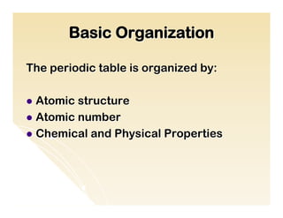 Basic Organization

The periodic table is organized by:

l  Atomic structure
l  Atomic number
l  Chemical and Physical Properties
 