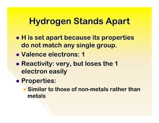 Hydrogen Stands Apart
l  H is set apart because its properties
    do not match any single group.
l  Valence electrons: 1
l  Reactivity: very, but loses the 1
    electron easily
l  Properties:
   l  Similar   to those of non-metals rather than
        metals
 