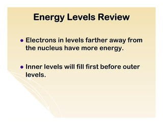 Energy Levels Review

l  Electrons
            in levels farther away from
  the nucleus have more energy.

l  Inner
        levels will fill first before outer
  levels.
 