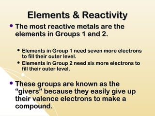 Elements & Reactivity
 The most reactive metals are the
 elements in Groups 1 and 2.

   Elements in Group 1 need seven more electrons
    to fill their outer level.
   Elements in Group 2 need six more electrons to
    fill their outer level.

 These groups are known as the
 “givers” because they easily give up
 their valence electrons to make a
 compound.
 