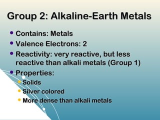 Group 2: Alkaline-Earth Metals
 Contains: Metals
 Valence Electrons: 2
 Reactivity: very reactive, but less
  reactive than alkali metals (Group 1)
 Properties:
   Solids
   Silver colored
   More dense than alkali metals
 