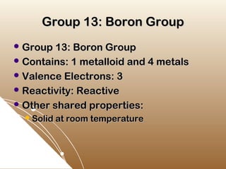 Group 13: Boron Group
 Group 13: Boron Group
 Contains: 1 metalloid and 4 metals
 Valence Electrons: 3
 Reactivity: Reactive
 Other shared properties:
   Solid at room temperature
 