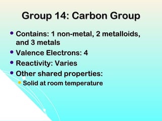 Group 14: Carbon Group
 Contains: 1 non-metal, 2 metalloids,
  and 3 metals
 Valence Electrons: 4
 Reactivity: Varies
 Other shared properties:
   Solid at room temperature
 