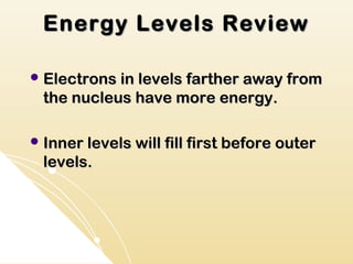Energy Levels Review

 Electrons in levels farther away from
 the nucleus have more energy.

 Inner levels will fill first before outer
 levels.
 