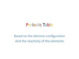 Periodic Table
Based on the electron configuration
And the reactivity of the elements
 