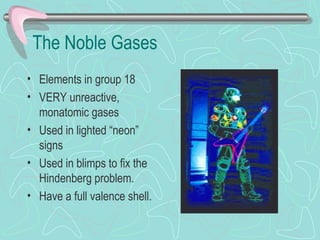 The Noble Gases
• Elements in group 18
• VERY unreactive,
  monatomic gases
• Used in lighted “neon”
  signs
• Used in blimps to fix the
  Hindenberg problem.
• Have a full valence shell.
 