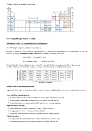 Periodic table and periodic properties

Periodicity of the properties of oxides:
Acidity and basicity of oxides of main group elements:
From left to right in a period acidity of oxides increases
From top to bottom of a group basicity of oxides increases. The oxides of group 13 elements are reactive to both an acid and a
base and are named as amphoteric oxides. A well-known example is aluminium oxide Al2O3.
Al2O3 + 6HCl

------> 2AlCl3 + 3H2O

Al2O3 + 2NaOH + 3H2O

------>2Na [Al (OH) 4]

Most of the oxides of non-metal elements are acidic. Their strength of acids increase going from left to right across a
period of the periodic table. In other words, the acidity is stronger as the non-metal property increases.

Periodicity in properties of hydrides:
In going from left to right on the periodic table, the covalent character of hydrides decreases and the ionic character increases.
Trend of Melting and Boiling Points:

 In a period MP's and BP's will increases first and decreases towards the end of period.
 In a group MP's and BP's will decreases from top to bottom in IA, IIA, IIIA, IVA.
 In VA, VIA, VIIA and zero groups, MP's and BP's will increases from top to bottom.
TREND OF ATOMIC VOLUME:

 Atomic volume is the volume occupied by 1 gram – atom of element.
 In a group atomic volume increases from top to bottom.
 In a period atomic volume first decreases and then increases towards the end.
TREND OF DENSITY:

 In a group density increases from top to bottom due to increase in atomic mass.
 In a period density increases from left to right due to decrease in atomic size

 