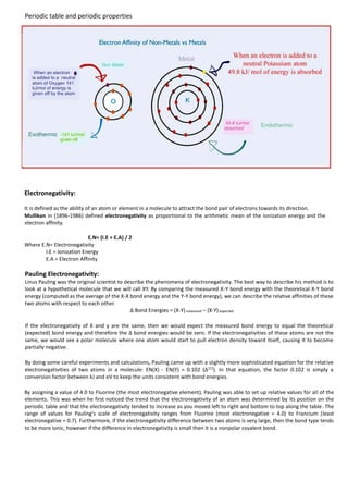 Periodic table and periodic properties

Electronegativity:
It is defined as the ability of an atom or element in a molecule to attract the bond pair of electrons towards its direction.
Mullikan in (1896-1986) defined electronegativity as proportional to the arithmetic mean of the ionization energy and the
electron affinity.
E.N= (I.E + E.A) / 2
Where E.N= Electronegativity
I.E = Ionization Energy
E.A = Electron Affinity

Pauling Electronegativity:
Linus Pauling was the original scientist to describe the phenomena of electronegativity. The best way to describe his method is to
look at a hypothetical molecule that we will call XY. By comparing the measured X-Y bond energy with the theoretical X-Y bond
energy (computed as the average of the X-X bond energy and the Y-Y bond energy), we can describe the relative affinities of these
two atoms with respect to each other.
Δ Bond Energies = (X-Y) measured – (X-Y) expected
If the electronegativity of X and y are the same, then we would expect the measured bond energy to equal the theoretical
(expected) bond energy and therefore the Δ bond energies would be zero. If the electronegativities of these atoms are not the
same, we would see a polar molecule where one atom would start to pull electron density toward itself, causing it to become
partially negative.
By doing some careful experiments and calculations, Pauling came up with a slightly more sophisticated equation for the relative
electronegativities of two atoms in a molecule: EN(X) - EN(Y) = 0.102 (Δ1/2). In that equation, the factor 0.102 is simply a
conversion factor between kJ and eV to keep the units consistent with bond energies.
By assigning a value of 4.0 to Fluorine (the most electronegative element), Pauling was able to set up relative values for all of the
elements. This was when he first noticed the trend that the electronegativity of an atom was determined by its position on the
periodic table and that the electronegativity tended to increase as you moved left to right and bottom to top along the table. The
range of values for Pauling's scale of electronegativity ranges from Fluorine (most electronegative = 4.0) to Francium (least
electronegative = 0.7). Furthermore, if the electronegativity difference between two atoms is very large, then the bond type tends
to be more ionic, however if the difference in electronegativity is small then it is a nonpolar covalent bond.

 